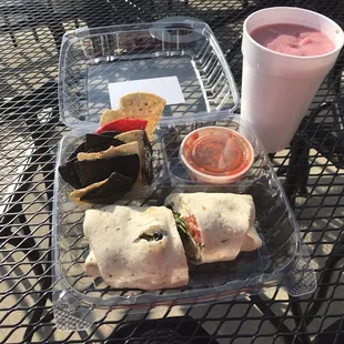 Strawberry Coconut Smoothie And Vegetable Wrap