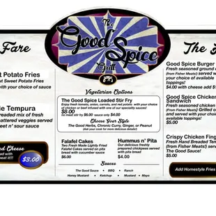 The Good Spice big ol&apos; menu! Fresh, never frozen, at Be Here Now!!!