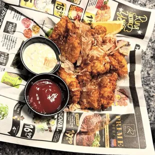 Catfish Karaage with bonito, fennel tartar, banana ketchup cocktail.