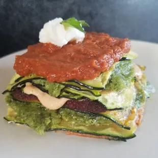 Raw, vegan lasagna. 
Ask about meal delivery!