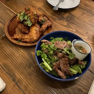 Crying Tiger and sweet chili chicken wings