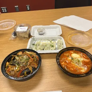 Stir fried Jjamppong, Steamed Dumplings, and Tteokbokki with cheese
