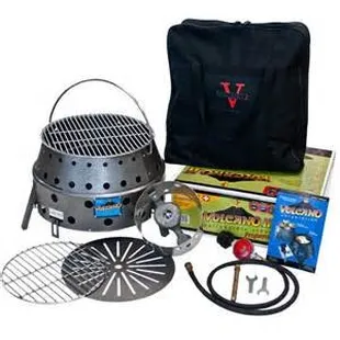 Volcano grill: tri fuel (coal/wood/propane), collapses to 5 inches, comes with propane attachment, carrying case, grills parts