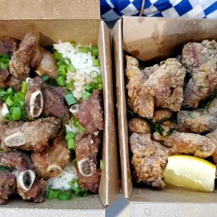 L - pork riblets &amp; rice. R- popcorn chicken