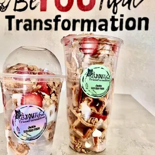 Waffle parfaits small and large includes yogurt granola and strawberries