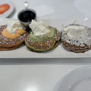 Pancake flight (Thai tea, matcha, and black sesame)