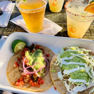 Asada Taco, Shrimp Taco, Corona and spicy margarita