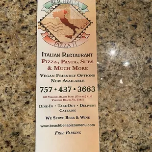 the menu for the restaurant