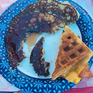 These are 2 dishes, chocolate swirl pancake and a kids waffle sandwich.  Girls usually share their dishes for breakfast.  They ate it ALL!