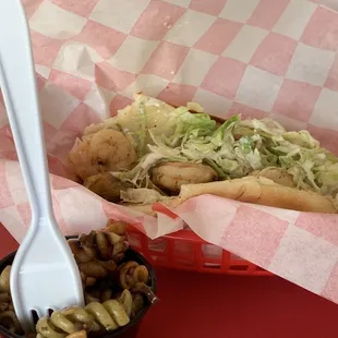 Shrimp Po'Boy and Balsamic Pasta Salad.