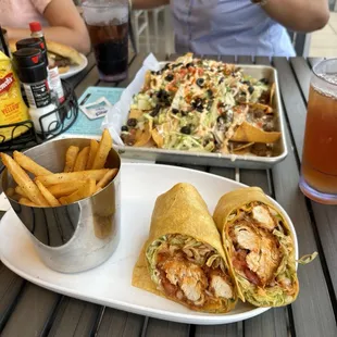 Buffalo chicken wrap, nachos