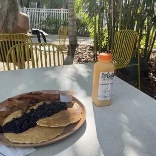 Blueberry pancakes, breakfast potatoes