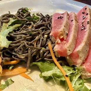 Seared Tuna with chilled noodles, soy, sesame, peanut butter, scallions