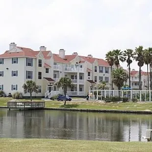 Looking west over fish pond to pool (right) and southernmost condo building.