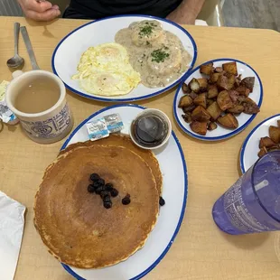 Biscuits and sausage gravy, home fries &amp; blueberry pancakes!