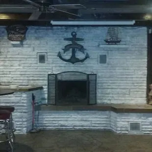 fireplace and bar stools