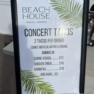 Concert Tacos Menu