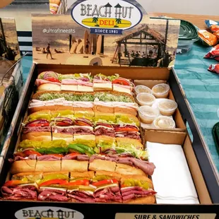 a display of sandwiches