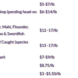 Fresh seafood menu prices