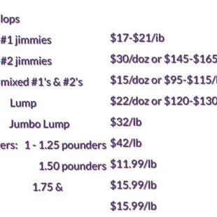 Fresh seafood menu prices