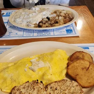 Crab omelet with clam fritters.  Buckets and gravy other side.