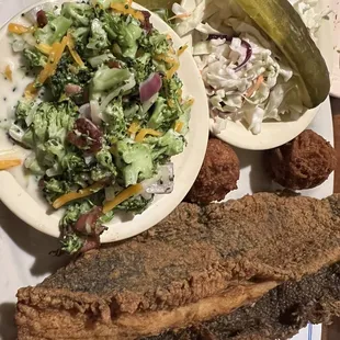 Fried Flounder, broccoli salad, coleslaw
