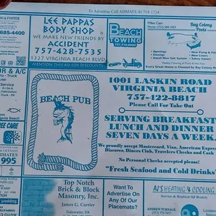 Placemat at the tables