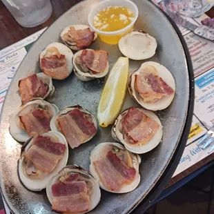 Clams topped with bacon and garlic. And drawn butter.
