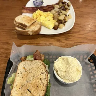 2 Eggs Breakfast with rye toast, home fries and bacon BLT sandwich with potato salad