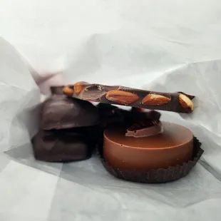 Dark pecan toffee, dark almond bark, milk double dipped oreo