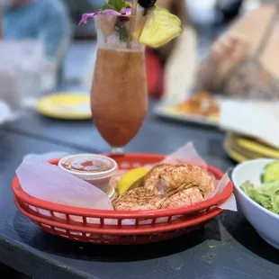 a plate of food and a drink