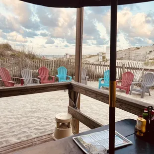 Dining inside with a view of the beach.