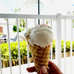 Vanilla ice cream on waffle cone