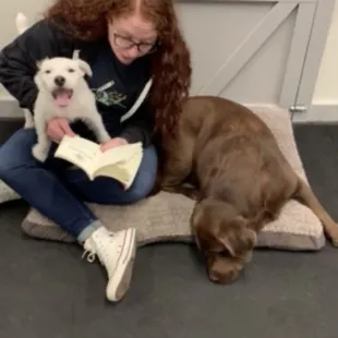 Cotton loves her bedtime stories! They even let her hang out with her best friend Kate who happened to be there too!