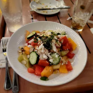 "The best ever melon salad." Including jicama, goat cheese, almonds, cucumber, cilantro lime vinaigrette.