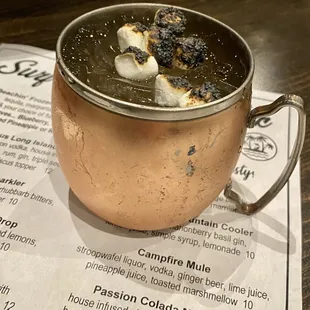 Campfire Mule with Stroopwafel Liquor, Ginger Beer, Vodka and Toasted Marshmallows - Beaches Restaurant