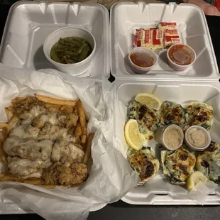 Rockefeller oysters, chicken fried steak loaded fries, and a side of green beans... SOOO good