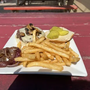 Mushrooms Swiss Burger (onions on the side) &amp; French Fries