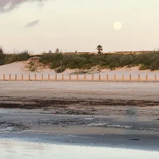 view from the beach of the full moon setting over the dunes in the west, at the same time as the sun was rising in the east over the Gulf