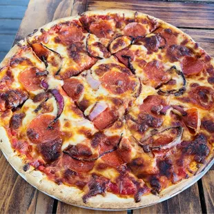 Pepperoni and onion pizza