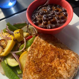 ahi tuna blackened - it was a little dry - so I&apos;d recommend getting the teriyaki glaze instead