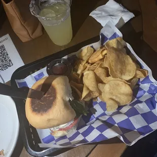 Caprese Sandwich with chips and Coconut Pineapple Margarita