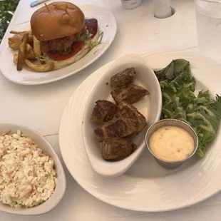 Chicken sandwich, cole slaw, tuna bites