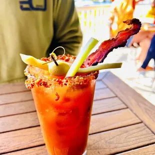 Hair of the Dog bloody marry...peppercorn bacon w honey bacon crumbled rim