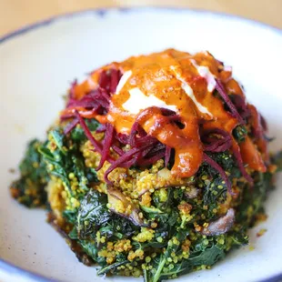 fez bowl - quinoa, button shrooms, braised kale, carrots, raw julienne beets, shallot yogurt, harissa sauce
