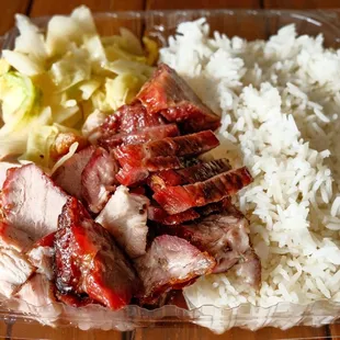 Lunch Combo with rice and 1/2 and 1/2 BBQ Pork and Roast Pork