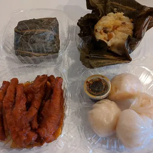 1 order each of sticky rice, chicken feet, and har gow.