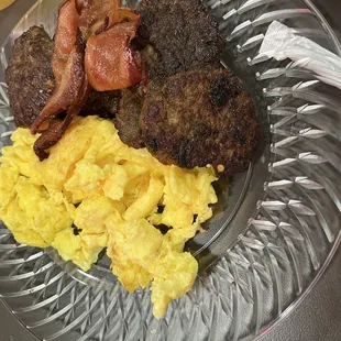 Eggs bacon sausage patty