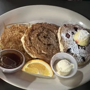 Pancake trio--pineapple upside down + cinnamon roll + blueberry w/ lemon curd butter