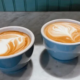 Vanilla latte (left) &amp; lavender latte (right)